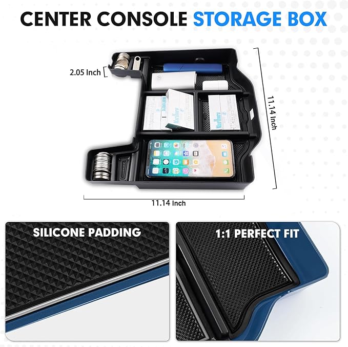 Autorder Center Console Organizer for 2019-2025 2026 Dodge RAM 1500 2500 3500 Accessories - ABS Material Armrest Storage Box Insert Tray - Black&Blue Liners