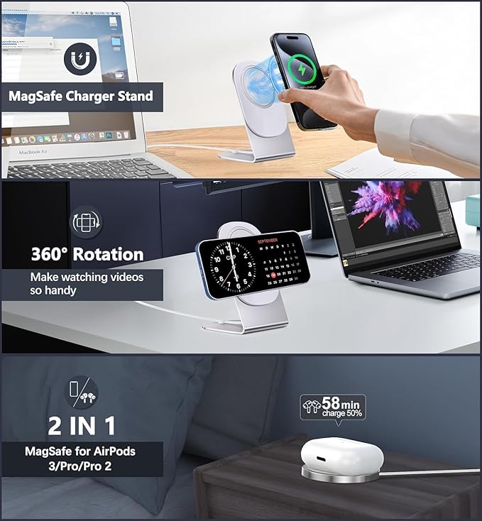 Magnetic Wireless Charger Mag-Safe Charger for iPhone 15/14/13/12 Series Convertible Magnet Wireless Charging Stand/Pad with Dual Charging Ports 5ft Cable for iPhone and AirPods 2/3/Pro (No Adapter)
