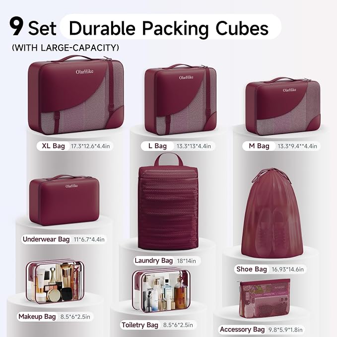 9 Set Packing Cubes for Travel, Gifts for Women Mom,Anti-Tearing Suitcase Organizer,OlarHike Vacation Essentials & Accessories for Cruise Ship