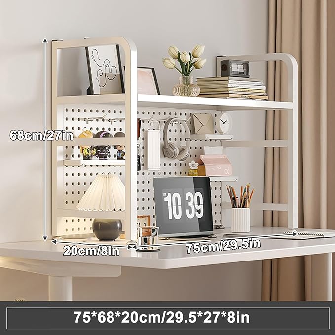 Desk Extender, Desk Organizer Shelf, Peg Doard Display Stan, Load Bearing Capacity 50kg/110lb, Desk Extender Pegboard Workstation, for Table Accessories(White,75x68x20cm/29.5x27x8in)
