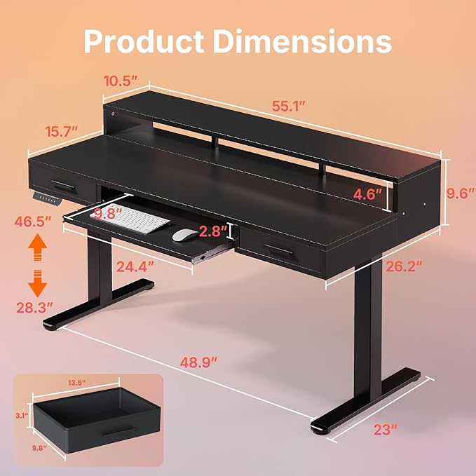 HUANUO 55″ x 26″ Electric Standing Desk with 2 Drawers &24.4″ Large Keyboard Tray, C-Clamp Mount Compatible, Adjustable Computer Desk for Office, Sit Stand Up Desk with 4 Height Presets, Black