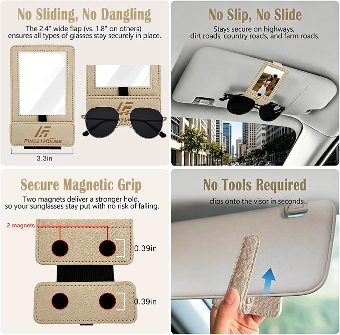 Magnetic 2-in-1 Sunglass & Photo Holder for Car Visor, Leather Anti-Slip No-Fall No-Slide, Fits SUV Truck RV