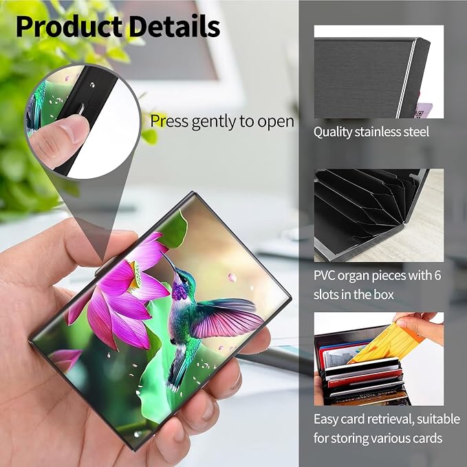 Metal Wallet, Credit Card Holder for Women Men Girls, RFID Blocking Aluminum Wallet Slim Hard Case, Mini Travel Wallet, ID Card Holder Business Card Case,Hummingbird Lotus