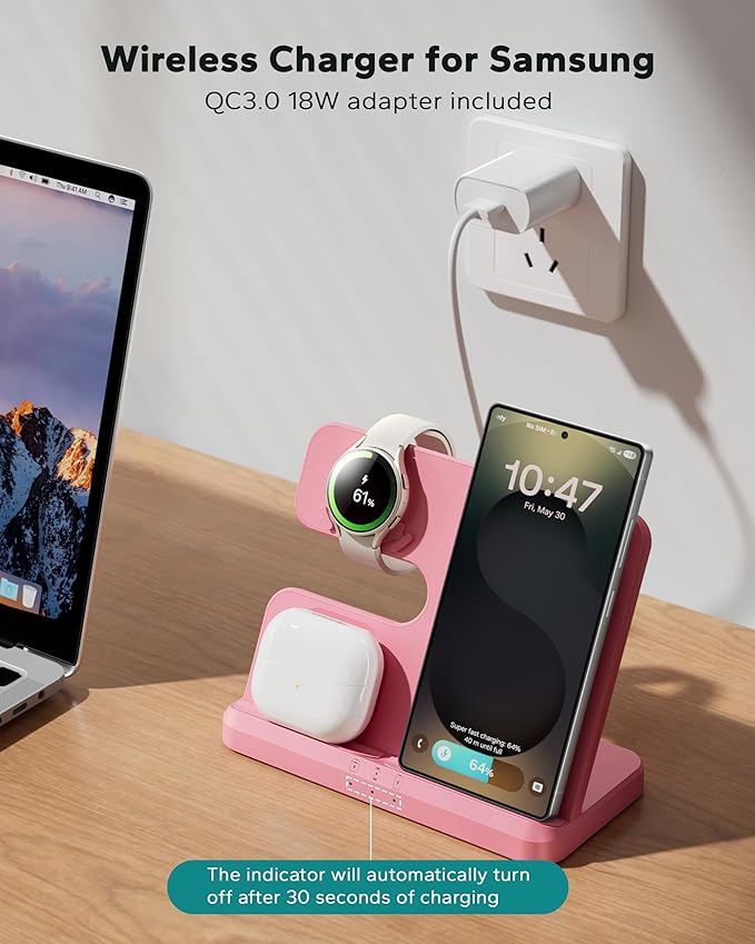 Wireless 3 in 1 Charging Station for Samsung, Phone and Watch Charger for Galaxy S25 Ultra/S24/S23/Z Fold, Wireless Charging Dock for Samsung Watch Galaxy 8/7/6/5, Galaxy Buds 3/2/Pro
