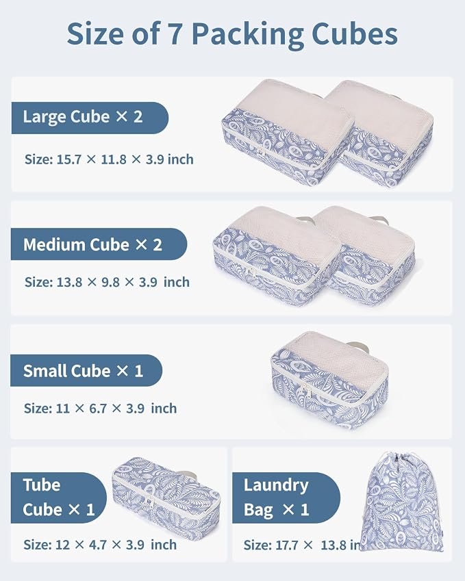 Narwey 7 Set Packing Cubes for Travel, Durable Packing Organizers for Kids Women Men, Carry on Luggage Travel Essentials Accessories (Blue Leaf)