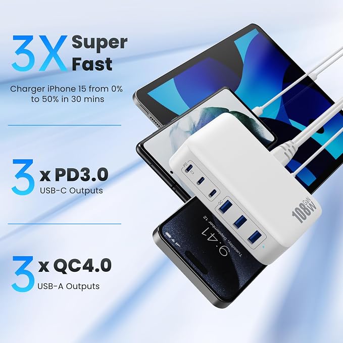USB C Charger Block Charging Station,108W GaN III 6 Port 3xQC+3xPD Wall Charger Adapter Plug Cube,Super Fast Type C Charging Hub Box for iPhone 17 16 15 14 13 Pro Max iPad Samsung Pixel 5ft Cord-White