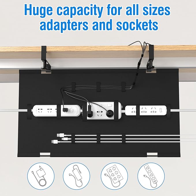Under Desk Cable Management Tray, No Drill 36" Cord Organizer with Cable Loop, Upgraded Oxford Fabric Wire Management for Office, Home - No Damage to Table