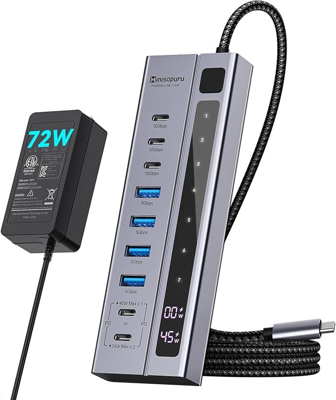 Minisopuru 9 in 1 Powered USB C Hub – Support Max 45W Charging with 72W Power Adapter, 10Gbps Data Transfer, USB-C Powered Hub for Laptop, MacBook,iPad (Not for Monitor)