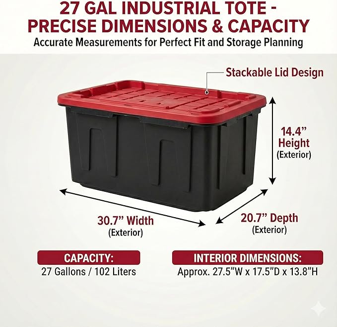 27 Gal Industrial Tote,2 Pack Plastic Storage Bins with Lids Tough Large Storage Bin,Black with Red Lid Plastic Storage,Stackable & Nestable for Garage, Basement, or Outdoor (2 Pack)