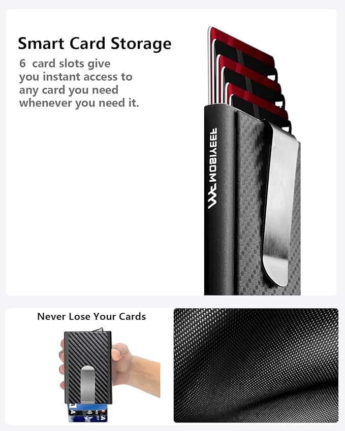 MOSIYEEF Slim Leather Card Holder RFID Wallet for Men - Minimalist Pop Up Men Wallet with Money Clip-wrapped Compact Carbon Fiber Wallet for 6 Credit Cards - Gifts for Him