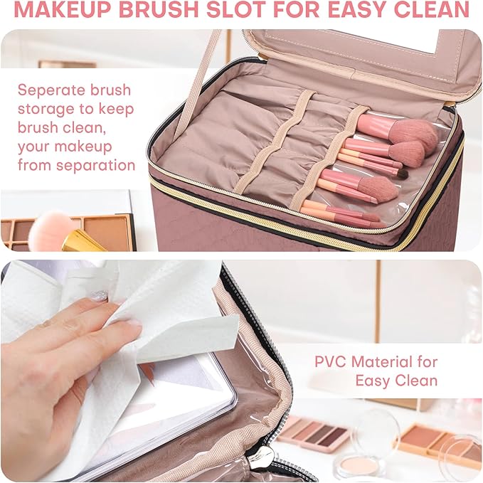 HXLGMD Large Makeup Bag with Mirror Double Layer Travel Make Up Organizer Case, Large Capacity Coemetic Bag with Brush Slot Divider
