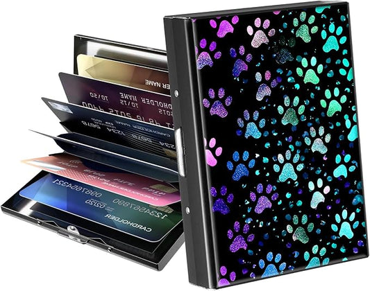Metal Wallet,Credit Card Holder for Women Men,RFID Blocking Card Holder Mini Slim Aluminum Wallet ID Case Hard Case Business Card Holder Case,Glitter Paw Footprint