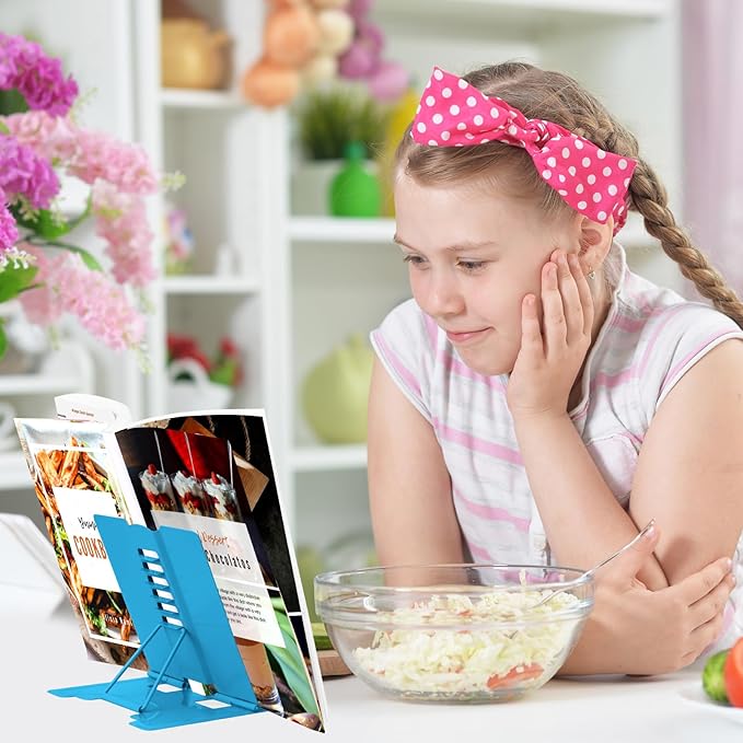 Honagu Small Book Stand Book Holder Metal Desk Stand for Reading Hands Free, Adjustable Cookbook Documents Holder, Portable for Music Books, Textbook, Recipe, Tablet, Ipad, Great Gifts (Sky Blue)