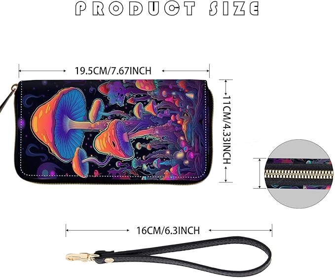 Women's RFID Blocking Zip Around Wallet with Detachable Wrist Strap, Large Capacity Credit Card Holder Organizer for Everyday Use,Magic Mushrooms