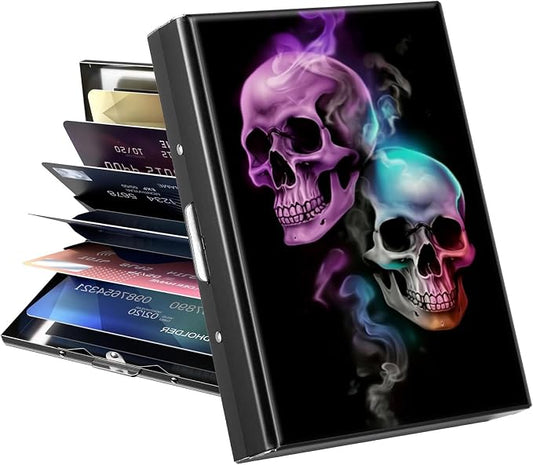 Metal Wallet, Credit Card Holder for Women Men Girls, RFID Blocking Aluminum Wallet Slim Hard Case, Mini Travel Wallet, ID Card Holder Business Card Case,Skull