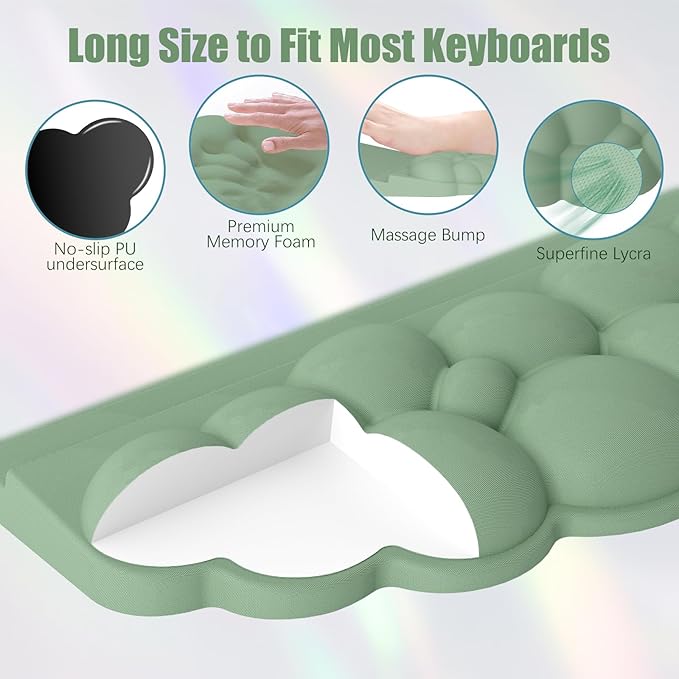 Wrist Rest with Keyboard Stand, Ergonomic Computer Wrist Support Pad, Cloud Keyboard Riser Holder with Wrist Pad, Memory Foam Desk Cushion, Palm Hand Typing for Office Home School-Green