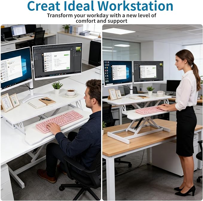 Standing Desk Converter, Height Adjustable Sit to Stand Riser, Dual Monitor and Laptop Workstation with Wide Keyboard Tray, Desk Lifter for Home Office