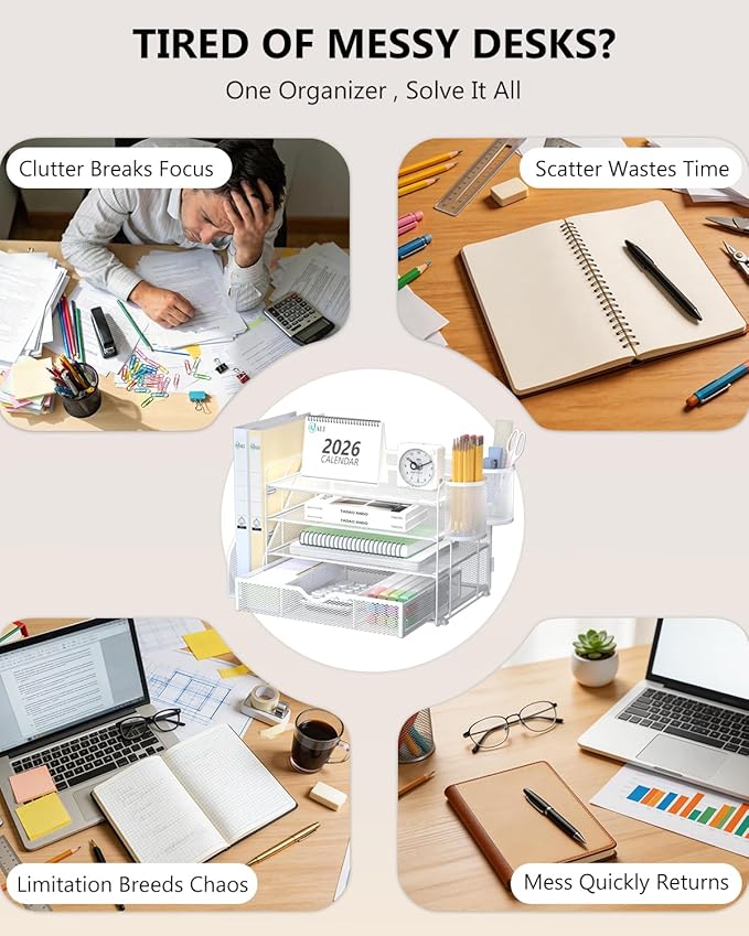 WALI Desk File Organizer, 4 Tier Desktop Paper Letter Tray Organizer with Drawer and 2 Pen Holders, Office Desk Accessories & Workspace Organizers for Office, Home Supplies(DO005DH-W), 1 Pack, White