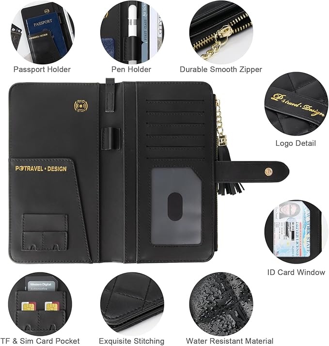 Passport Holder for Travel,Leather Passport Wallet,Travel Document Organizer with AirTag Slot,RFID Blocking With Credit Cards Case,Zippered Coins Pocket and Cash Slot for Women Men