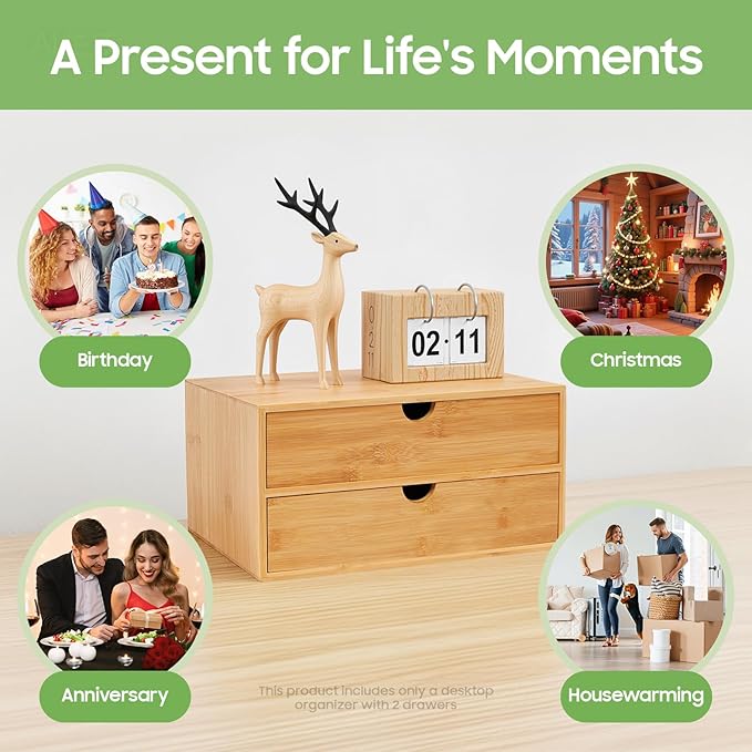 Bamboo Desk Organizer 2 Drawers Tabletop Storage Organization Box, No Assembly Needed for Home Office Storage, 12.99 * 7.48 * 6.3in (1 above & 1 below)