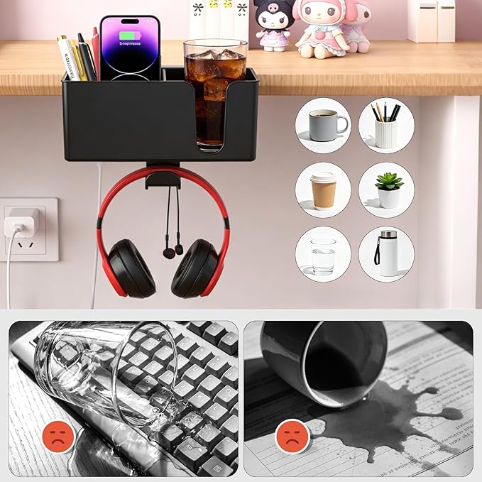 MYITYARD 4 in 1 Desk Cup Holder Clamp, Detachable Clip On Drink Holder with Rotating Headphone Hanger, Anti-Spill Desktop Organizer Pen Holder for Mug, Pen, Phone, Gaming Office Desk Accessories