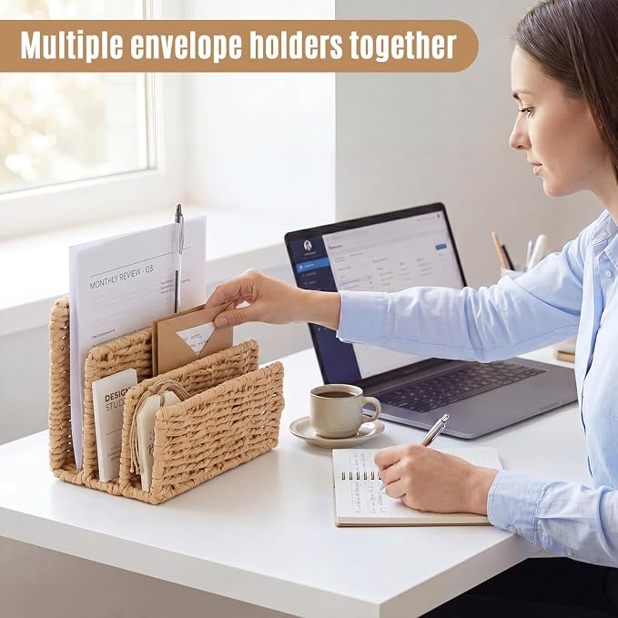 Paper Rattan Mail Organizer for Desk Mail Holder Countertop with 3 Slot Paper Rattan Letter Sorter File Holder Envelope Book Stand Farmhouse Office Desk Organizer and Storage Accessories