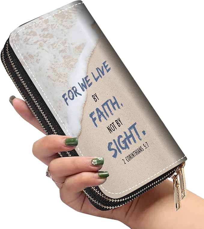 Women's Large Capacity Wallet PU Leather Double Zipper Clutch Purse Multifunctional Wallet with Removable Wristlet Strap for Smart Phone/Coin/Card/Cash, Beach Waves Quote 2 Corinthians 5:7
