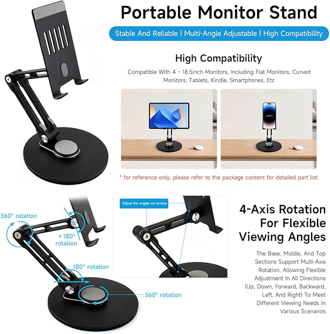 Waveshare Portable Monitor Adjustable Stand, Compatible with 4~18.5inch Monitors, Supports Multi-axis Rotation, Weighted Base and Ergonomic Design, Foldable for Easy Storage