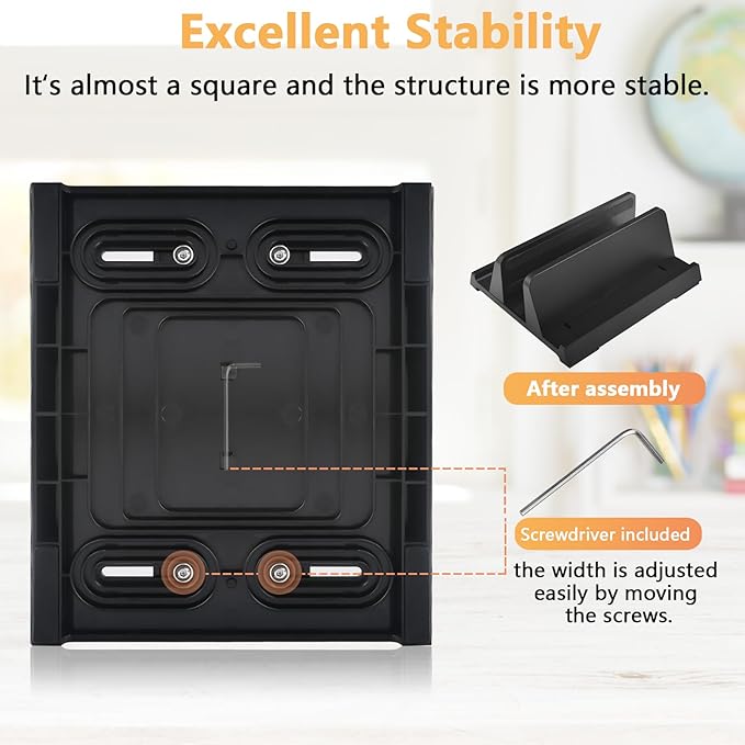 Vertical Laptop Stand Holder, ABS Organizer with Adjustable Dock, All in 1 Design Space-Saving, Sturdy Laptop Computer Holder for PC up to 17.3 inches, MacBook, Mini PC, Pad, Phone (Black, 1 Slot)