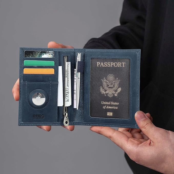 CONTACTS Full Grain Leather Passport Holder RFID Blocking Travel Passport Wallet Compatible with Airtag Passport Cover Case with 4 Card Slots, Coin Pocket (US Passport Stamp, Blue)