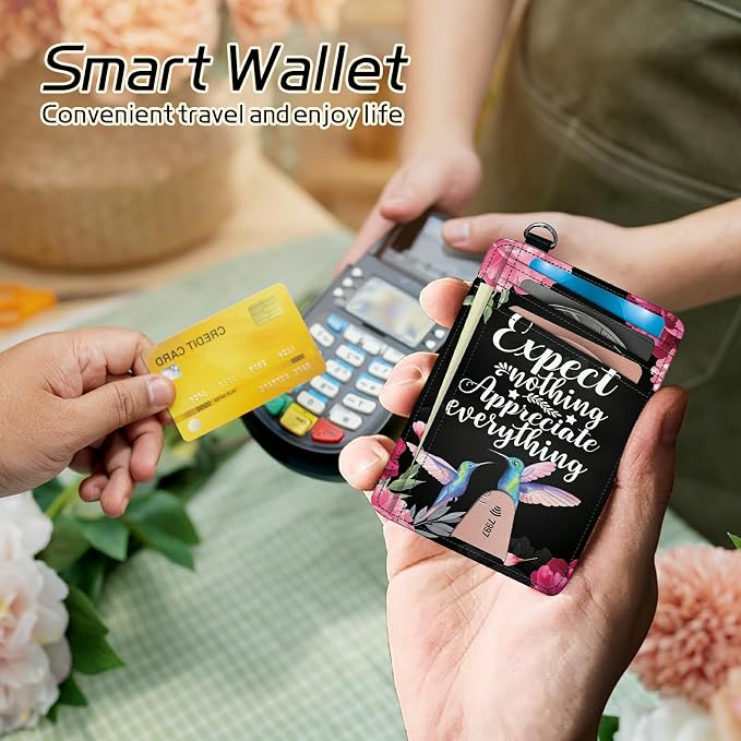 Small Travel Wallets, Humingbird Flower Slim Minimalist Front Pocket Wallet with Wristlet, RFID Blocking PU Leather Credit Card Holder with ID Window Change Purse for Men Women