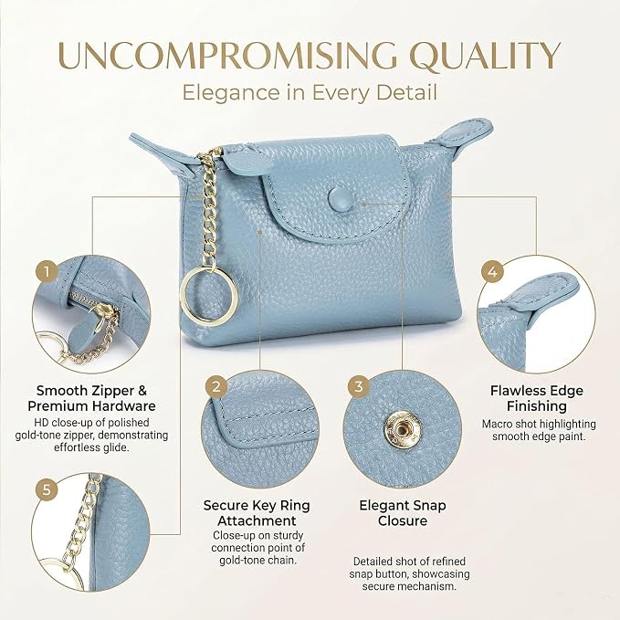 Women's Genuine Leather Mini Coin Purse and Wrist Bag - Coin Organizer, Change Holder, Card Case, Zipper Storage Bag in Water Blue