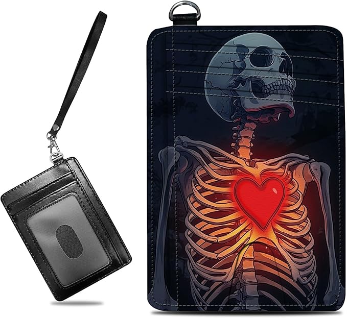 Small Travel Wallets, Skull Heart Slim Minimalist Front Pocket Wallet with Wristlet, RFID Blocking PU Leather Credit Card Holder with ID Window Change Purse for Men Women
