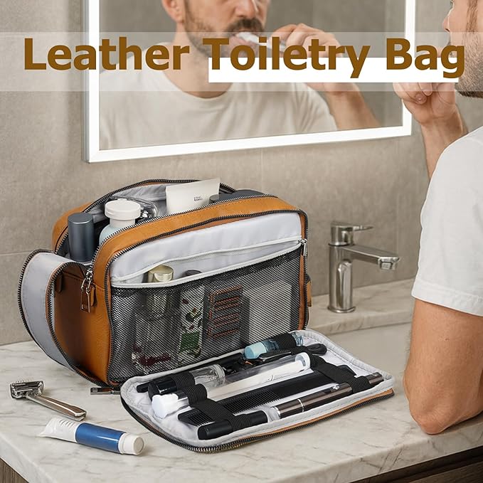 MIRASON Travel Toiletry Bag for Men Thickened Leather Travel Bag for Toiletries, Dopp Kit Water-resistant Shower Bag for Shaving Gym Bathroom Organizer Gifts for Men, Brown