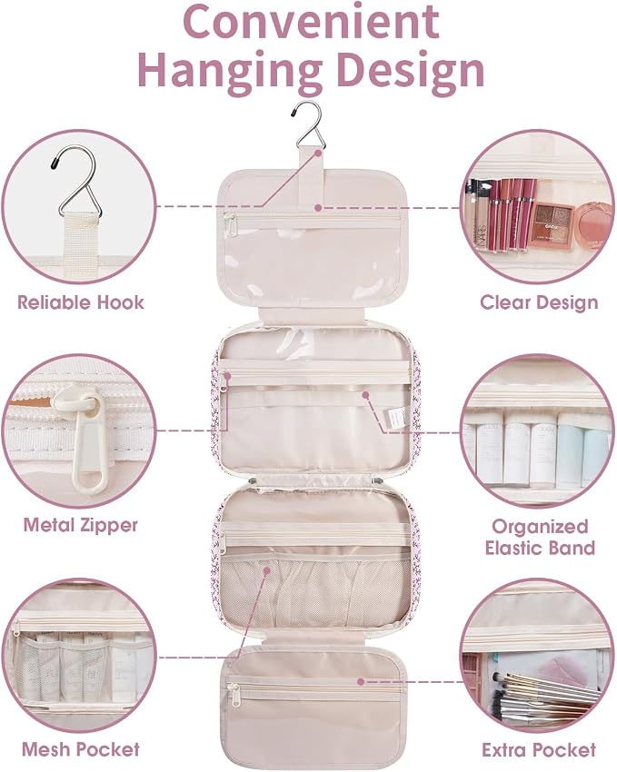 Narwey Travel Toiletry Bag for Women Large Hanging Makeup Bag Organizer Toiletries Bag for Full Size Essentials Accessories Cosmetics (Pink Flower (Large))