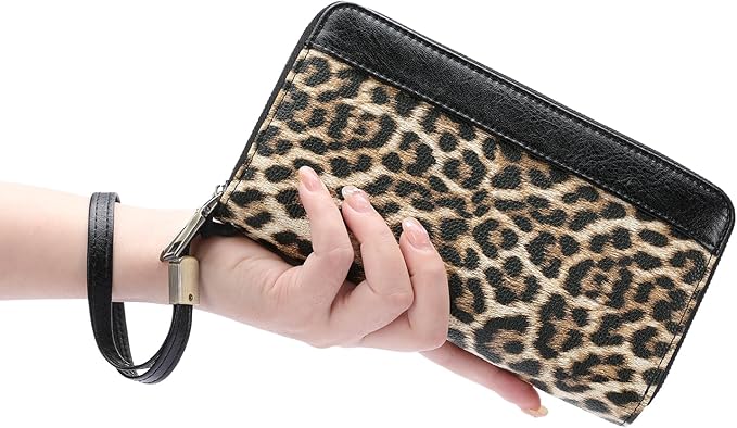 GOIACII Women's Wallet Large Capacity Double Zip Ladies Card Phone Holder RFID Blocking Wristlet Leather