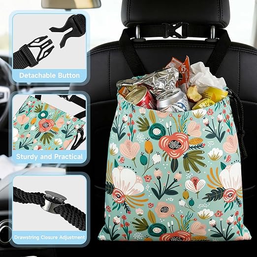 Bohemian Flowers Car Trash Bag - Waterproof Car Trash Bag Hanging Leakproof Car Garbage Bag - Washable Reusable Trash Bag For Car Interior Hanging Organizer Storage Vehicle Travelling Camping