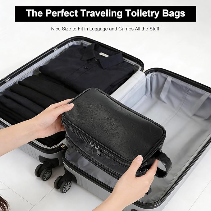 Toiletry Bag for Men and Women, Travel Essentials Shaving Dopp Kit, Travel Bag Toiletries Organizer Case for Grooming, PU Leather Water Resistant Cosmetic Bag Pouch (Black, Medium)