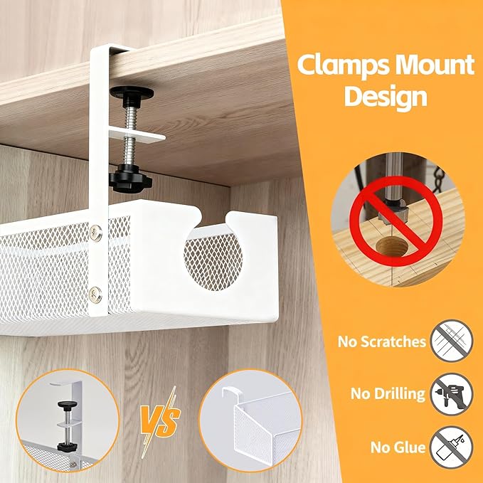 Under Desk Cable Management Tray – No Drill Metal Mesh Cord Organizer for Home Office & Standing, Adjustable Wire Organizer, Space-Saving Desk Tray (White)