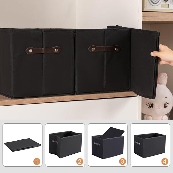 1 Pack Large Collapsible Storage Baskets for Shelves,14.9"x9.5" Fabric Closet storage Boxes with Leather Handles,Decorative Organizers Storage Bins for Clothes,Sheets,Toys,Books,(Black)
