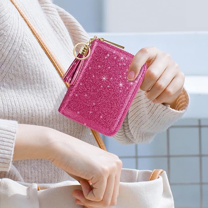Coco Rossi Leather Credit Card Wallet for Women, RFID Blocking Zipper Cards Holder with Tassel, Rosy Glitter