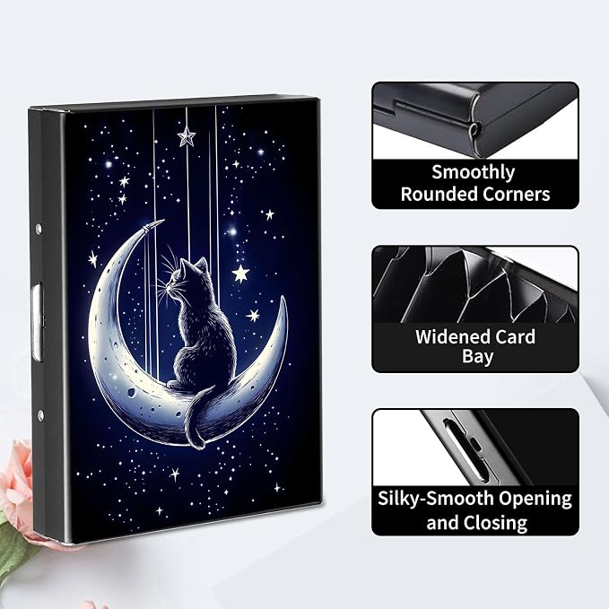 RFID Metal Wallet Credit Cards Holder Slim Mini Business Card Holder Metal ID Case Gift for Men Women,Black Cat Moon