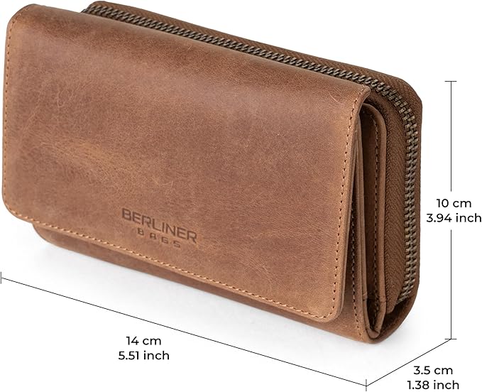 BERLINER BAGS Vintage Genuine Leather Wallet Vienna, RFID Blocking Credit Card Holder, Trifold Clutch Purses, Zip Around Womens Wallet for 19 cards, ID window, Bills, Coins - Brown
