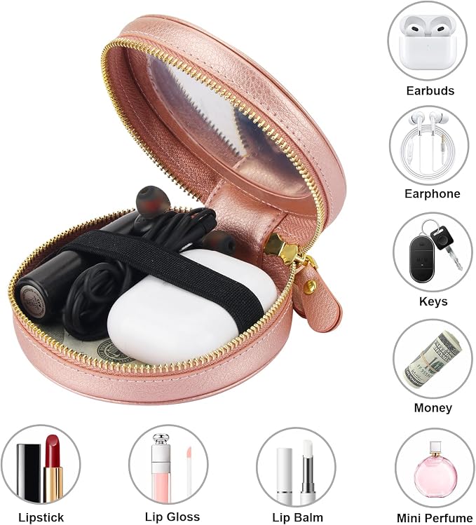 Bocasal Coin Pouch Mini Lipstick Cosmetic Bag with Airtag Holder Mirror, Leather Zipper Travel Makeup Bag Keychain Ring Clasp for Keys Earbuds Earphone Lip Gloss Chapstick Women Girls (Rose Gold)