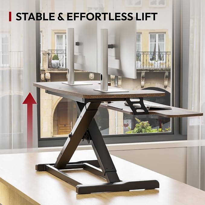 SANODESK 36" Standing Desk Converter, Height Adjustable Sit-Stand Computer Riser, Dual Monitor Workstation with Keyboard Tray, Ergonomic Tabletop, Rustic Brown