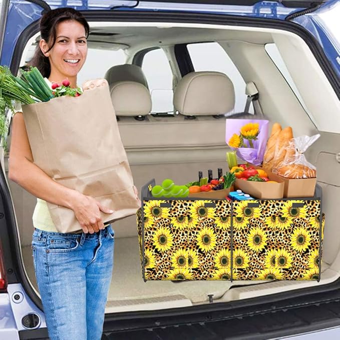 Homeve Trunk Organizer, Car Storage, Reinforced Handles, Collapsible Multi-Compartment, Foldable, Waterproof, Sturdy, 600D Oxford Polyester For Car, SUV, Mini-Van, Sunflower Leopard Print, 2 Compart