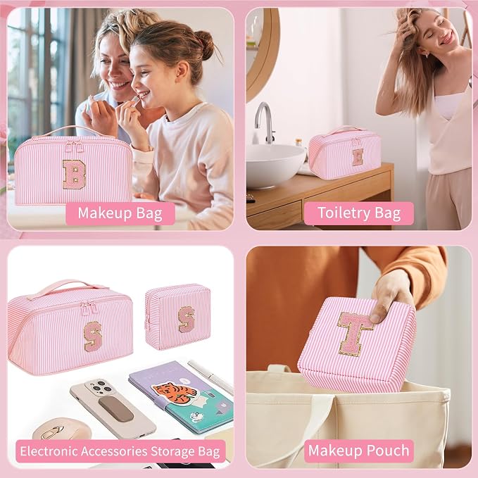 Initial Makeup Bag, Personalized Cosmetic Bag, 2Pcs Large Capacity Make Up Bag for Women, Open Flat Make up Cosmetic Organizer with Handle,Portable Make Up Organizer Pouch for Women - D