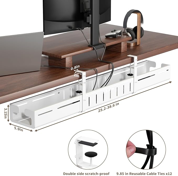 Under Desk Cable Management Tray, Expandable 25.2"–38.6" Heavy Duty Carbon Steel with Clamp, Hidden Cord Organizer for Desk, Home Office & Standing Desk, No Drill Installation, White
