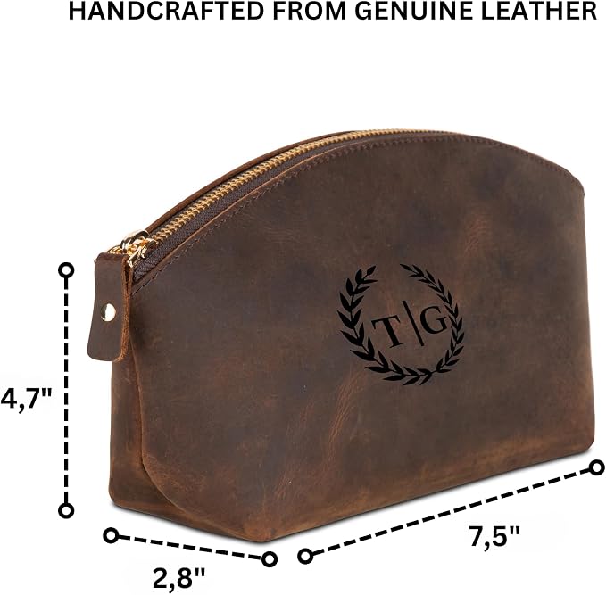 Blade Premium Personalized Genuine Leather Cosmetic Makeup Bag - Wedding Gift for Bridesmaid, Travel Organizer Clutch for Women with Zipper Pouch for Toiletry Essentials (Dark Tobacco)