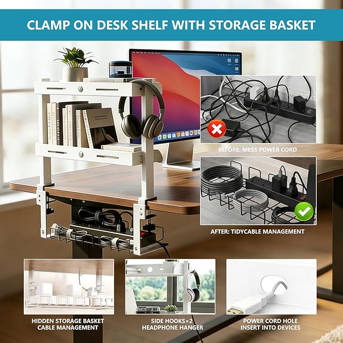 Clamp on Desk Shelf,3 Tier Desktop Organizer,Adjustable Clamp on Desk Top Organizer with Under Desk Hidden Storage Basket&Hooks,No Drilling Desk Clamp Storage Shelves for Working Gaming Accessories